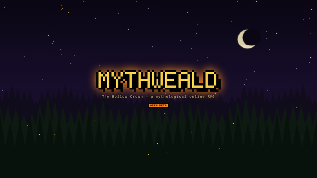 Mythweald title screen: the golden pixel logo over a moonlit forest, with an Open Beta badge